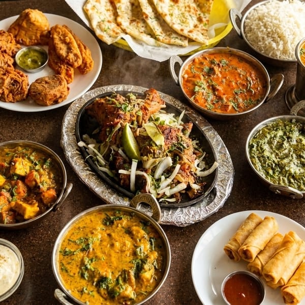 A large spread of Indian dishes, including curries, naan, rice, fried appetizers, and desserts.