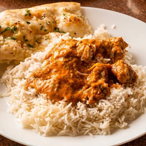 A white plate with chicken tikka masala, white rice, and garlic naan bread.