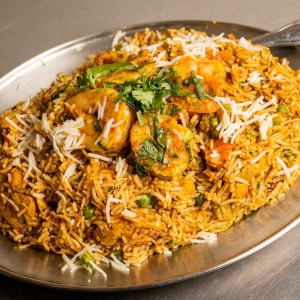 A large oval platter of shrimp biryani, garnished with cilantro and shredded cheese.