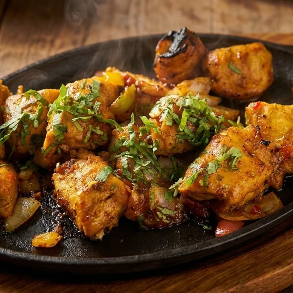 Sizzling paneer tikka with onions and peppers, garnished with fresh cilantro in a cast iron skillet.