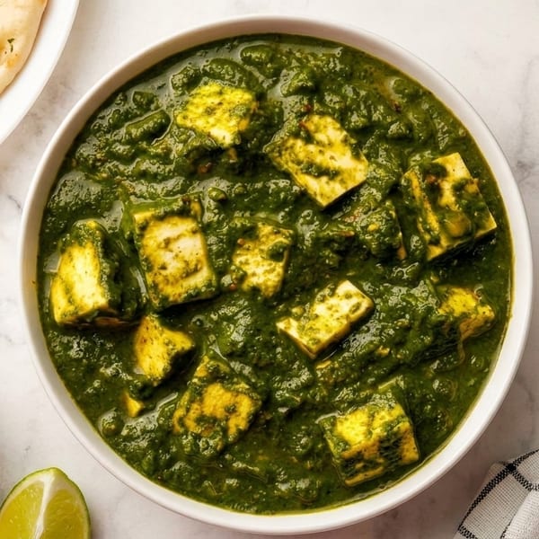 Palak paneer with naan bread, pico de gallo, and lime wedges on a marble surface.